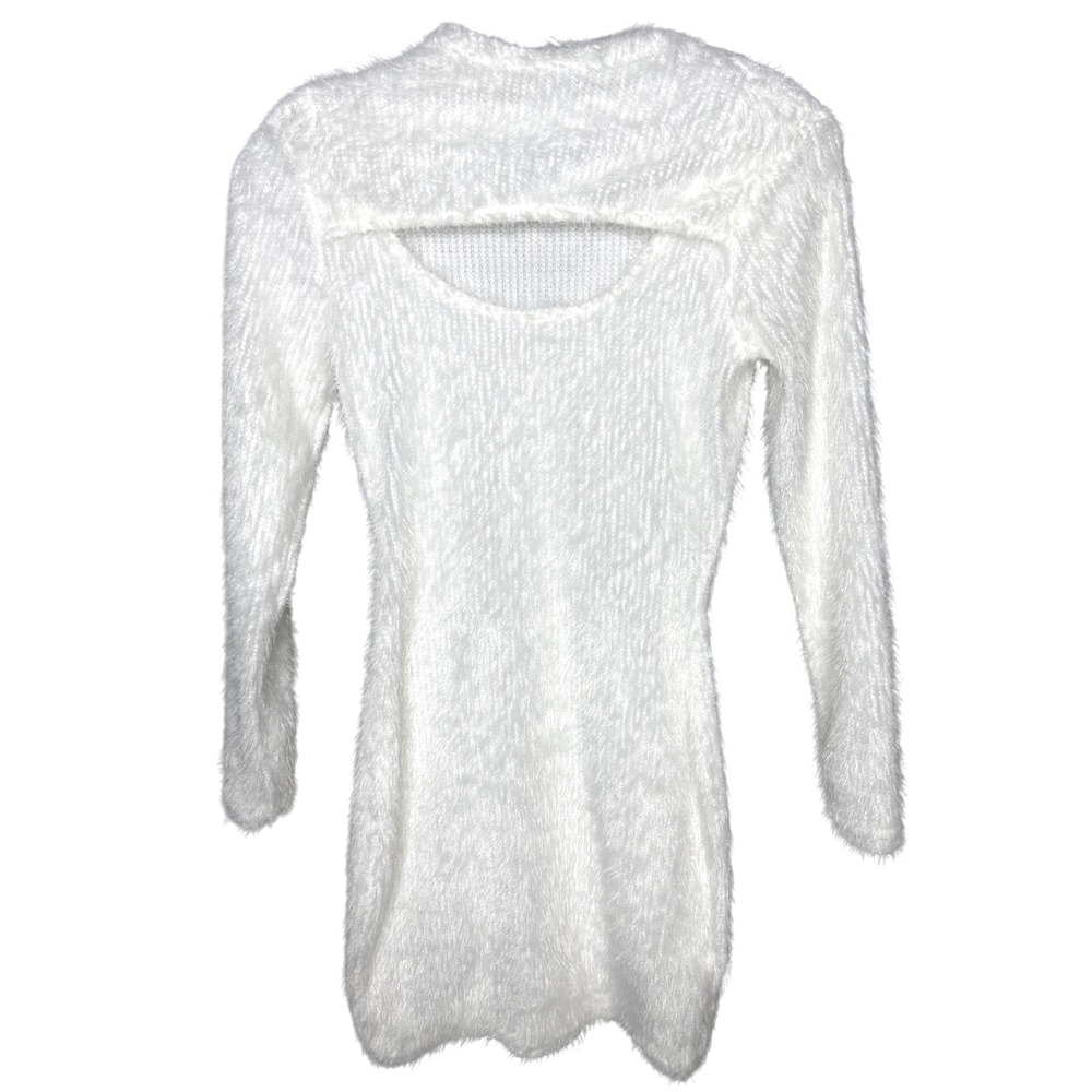 CHICME Small White Fuzzy Knit Cutout Mini Dress Long Sleeve Bodycon